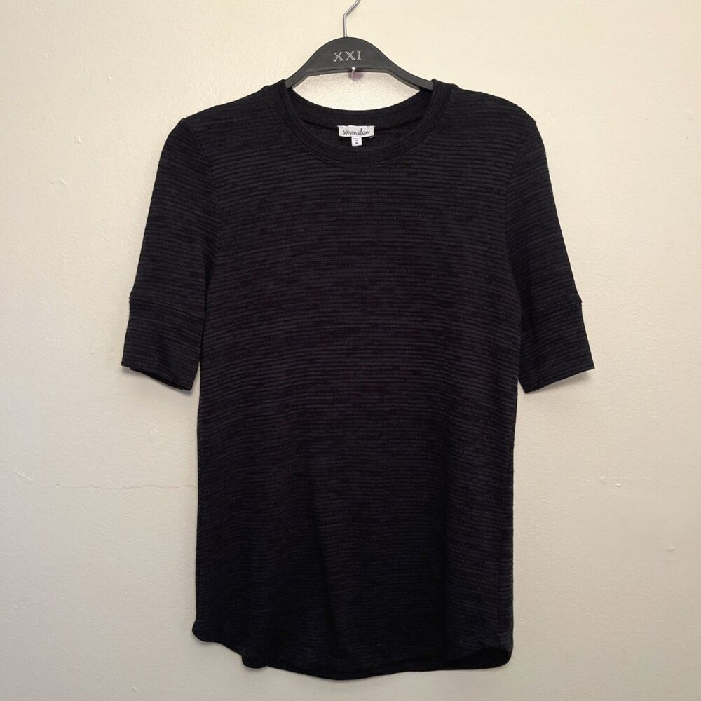 STEVEN ALAN Made In USA Knit Mutton Sleeve Crewneck Round Hem Top, Black- M
